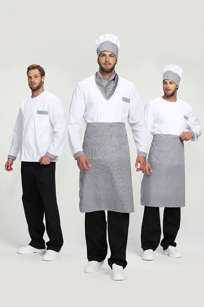 Костюм повара Шеф-2 (тк.ТиСи), белый/черный/принт-клетка