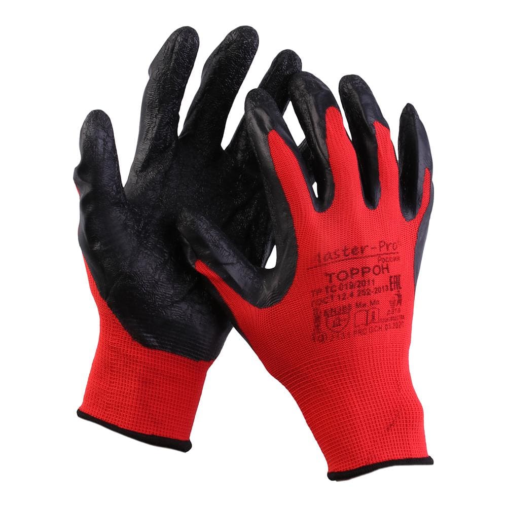 Перчатки нейлоновые с рельефным латексным покрытием, красно-черные